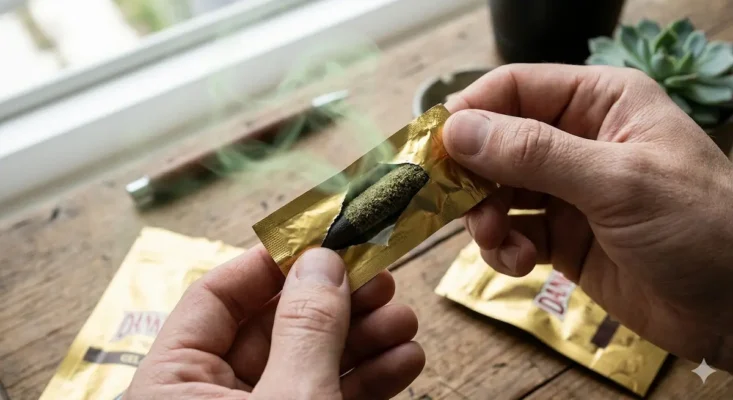 Hand opening a Dankwoods gold-foil package with soft green haze escaping, revealing a dense, kief-covered pre-roll inside.