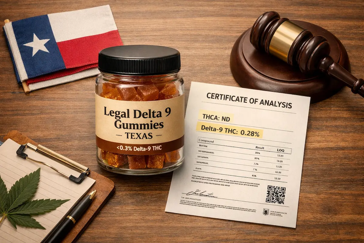 THCA Ban Texas 2026 explained with Texas flag background and legal hemp products including Delta 9 gummies
