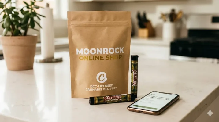 A DCC-licensed cannabis delivery bag from Moonrock Online Shop next to a real Dankwoods pre-roll and a smartphone showing “Order confirmed – same-day delivery