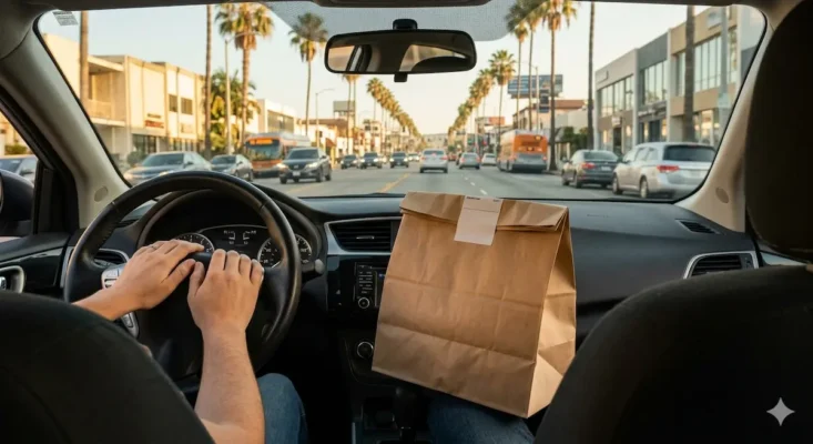 View from inside a car on a Los Angeles boulevard with palm trees and a sealed branded delivery bag on the passenger seat