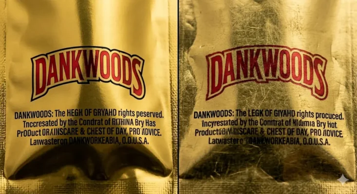 Macro close-up comparing real Dankwoods gold foil (reflective, sharp text) with fake foil (dull, scratched, misaligned letters).