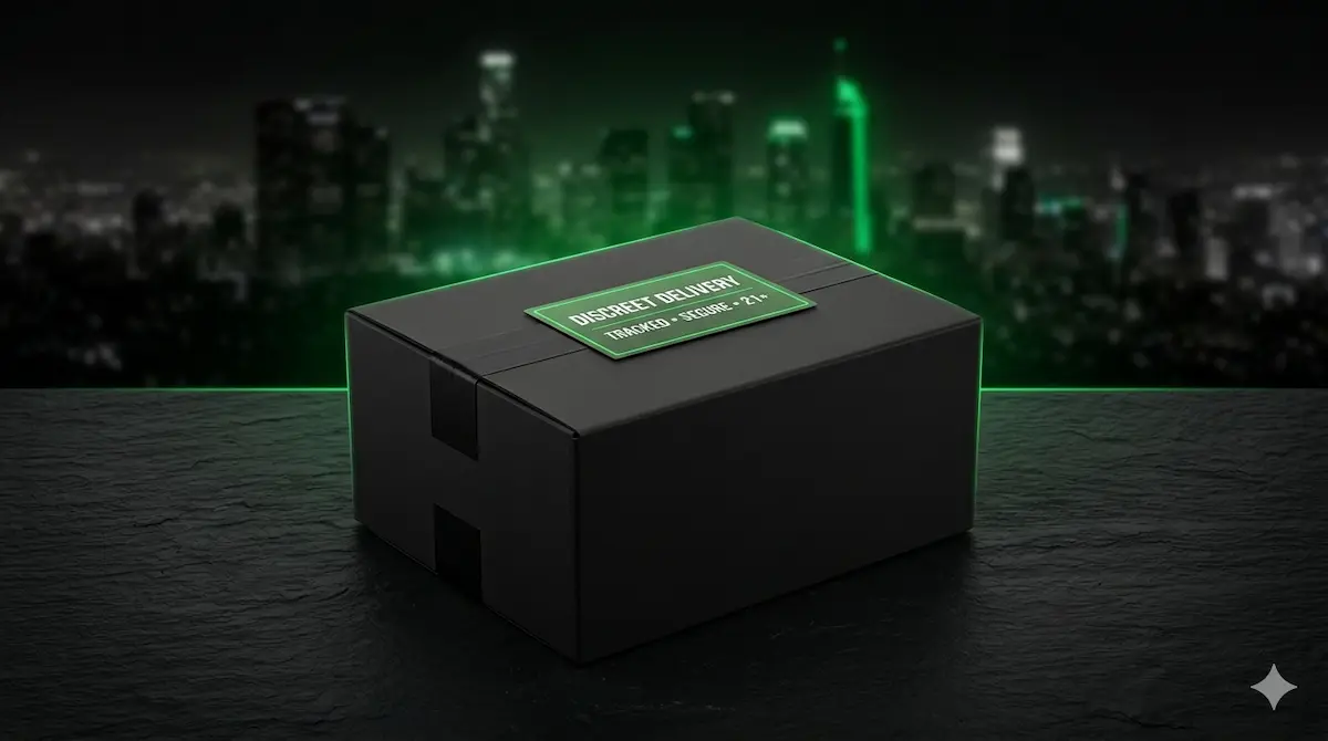 Discreet shipping and delivery information hero image for Moonrock Online Shop with secure tracked packaging.