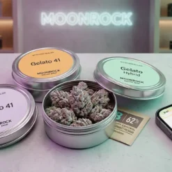 Nitrogen-sealed tin of Gelato 41 hybrid cannabis flower from Moonrock Online Shop, showing dense purple-tinged buds with trichome frost, a Boveda humidity pack, and a Los Angeles same-day delivery map on a smartphone screen.