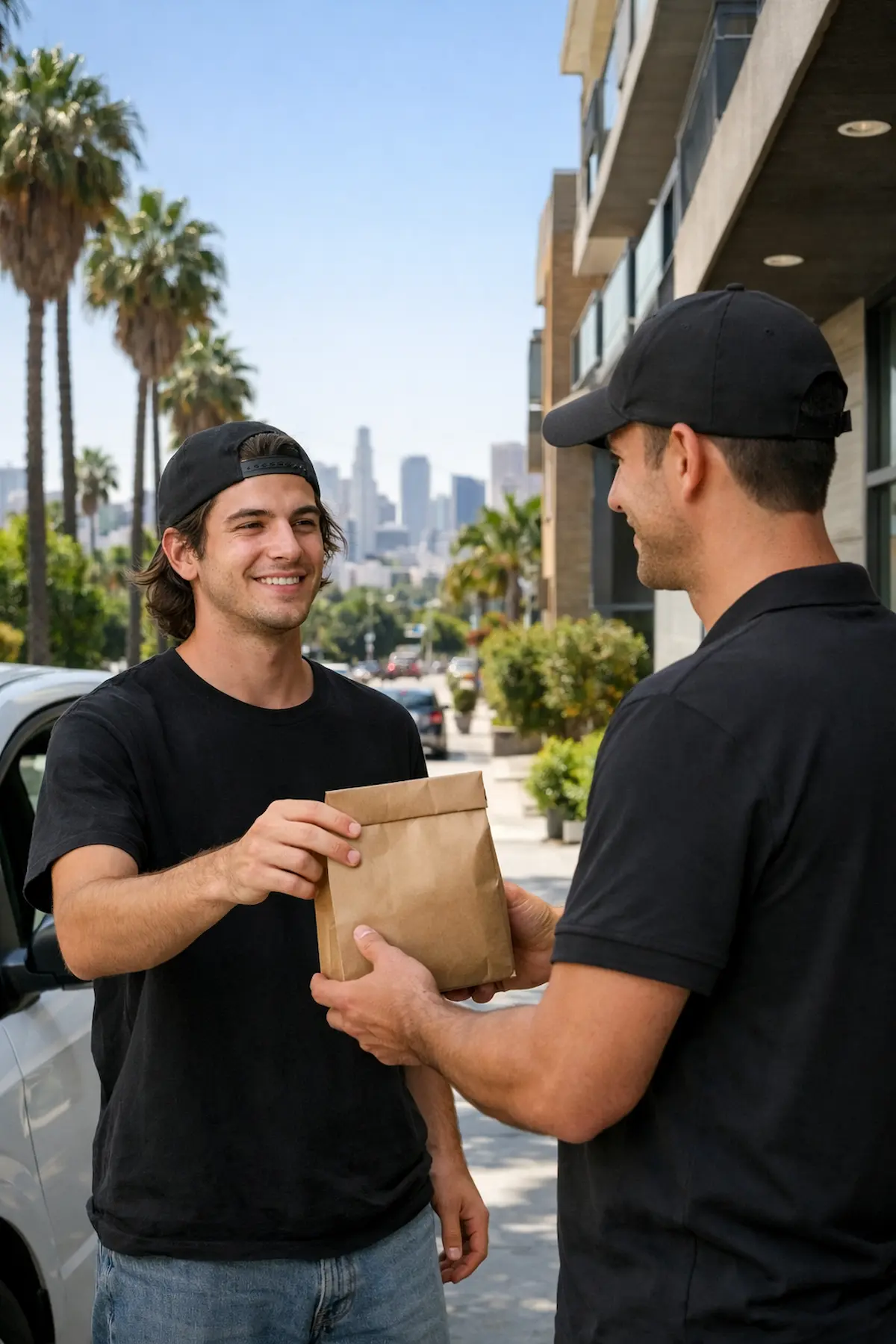 A Moonrock Online Shop driver discreetly hands off a sealed brown package to a young adult outside a modern Hollywood apartment, framed by palm trees and the LA skyline.