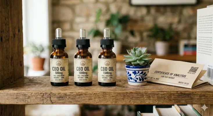 Three amber glass CBD oil bottles with droppers standing on a wooden shelf next to a small succulent and a folded lab test report.