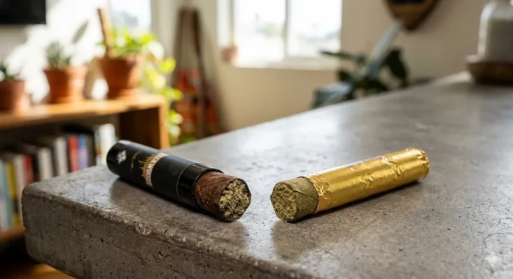 Side-by-side comparison of Packwoods (matte tube, tobacco wrap) and Dankwoods (gold foil, hemp wrap) infused pre-rolls on a concrete counter.