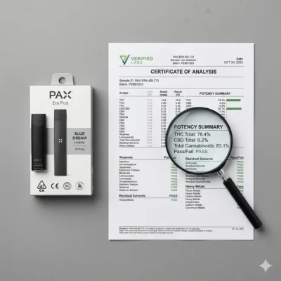 Flat lay of a PAX Era pod device next to its box and a printed lab report with a magnifying glass over the potency section