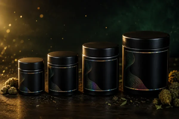 Premium 3.5g weed cans in matte black cannabis packaging on a dark luxury background.
