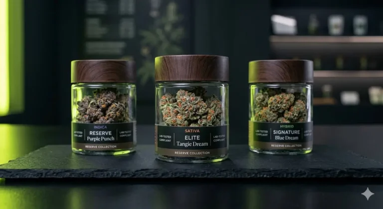 Premium cannabis flower buds in glass jars ready for same-day flower delivery Los Angeles — lab-tested indoor strains from licensed dispensary