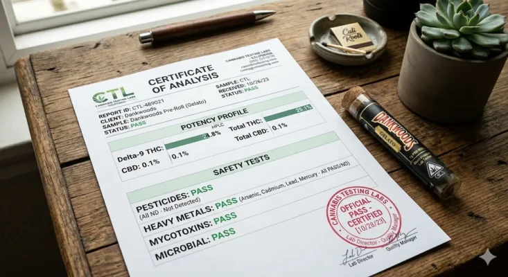 A printed Certificate of Analysis from a licensed cannabis lab lying next to a real Dankwoods pre-roll, showing potency and safety test results.