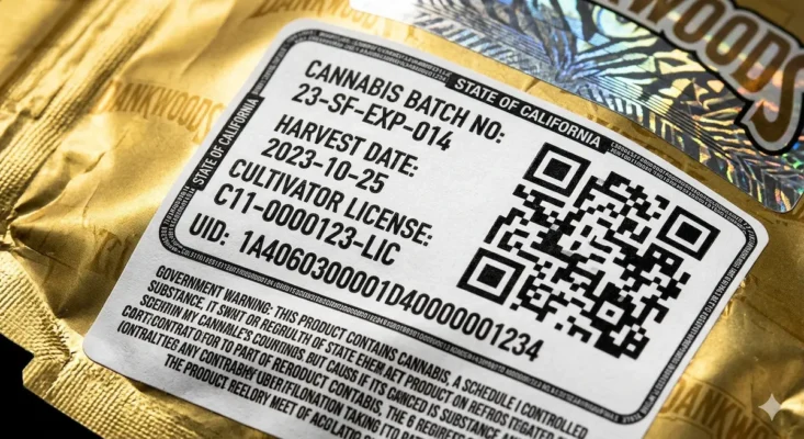 Close-up of a California DCC compliance sticker on a Dankwoods package showing batch number, harvest date, license number, UID, and QR code.