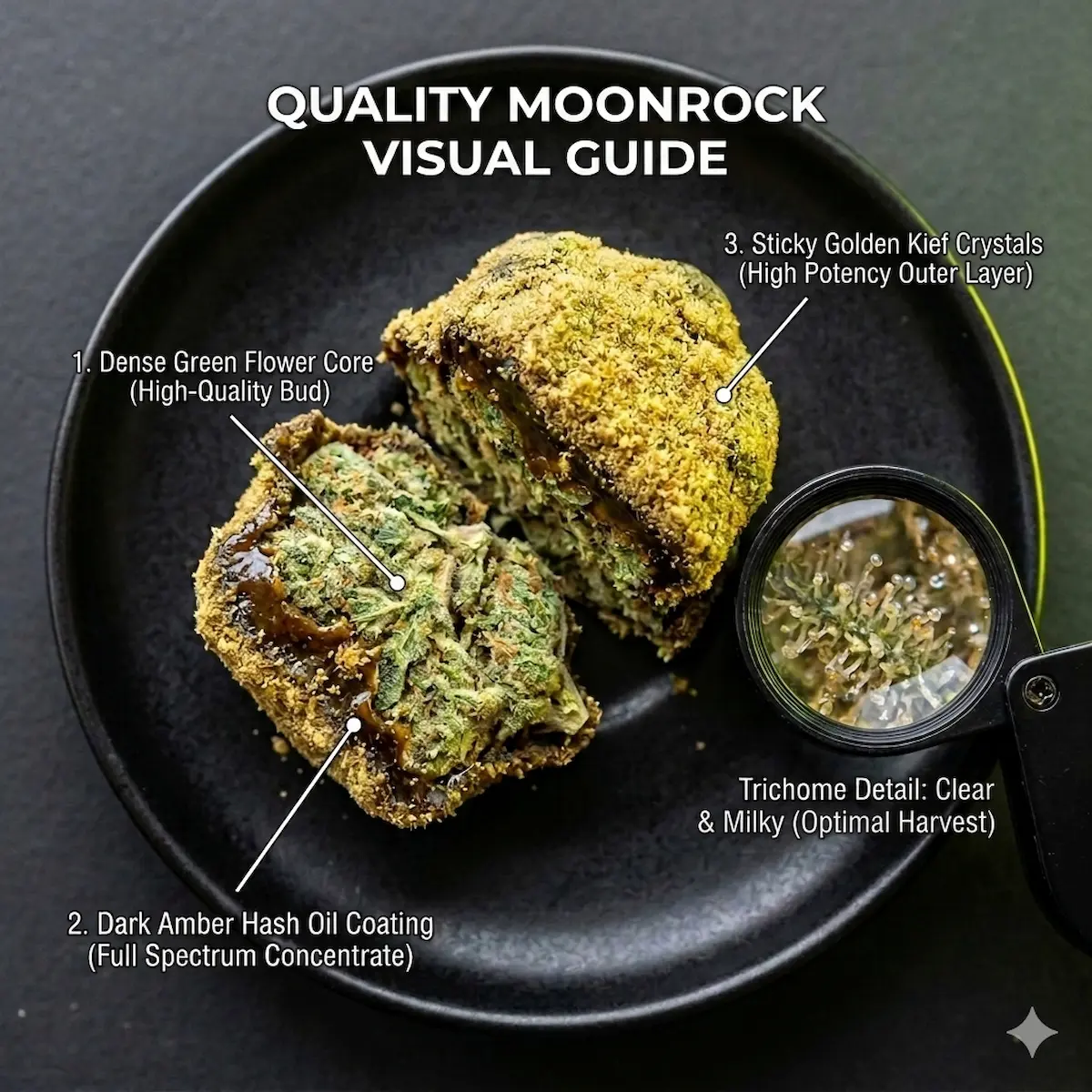 Real moonrock — dense, sticky, kief-covered premium quality