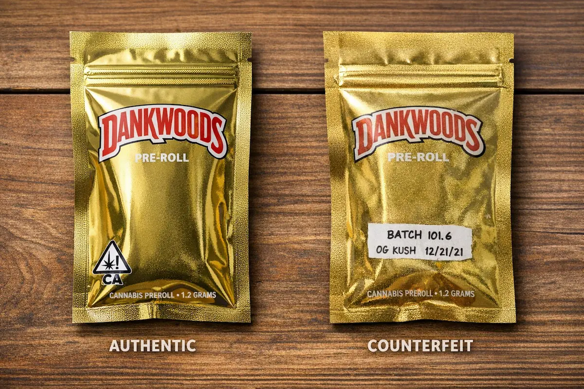 Side-by-side comparison of authentic Dankwoods gold-foil package with California compliance sticker versus counterfeit package with dull foil and blurry text.