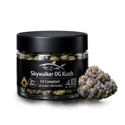 skywalker-og-kush-strain-moonrock-online-shop. Skywalker OG Kush Strain in a glass jar for sale online at Moonrock Online Shop Los Angeles