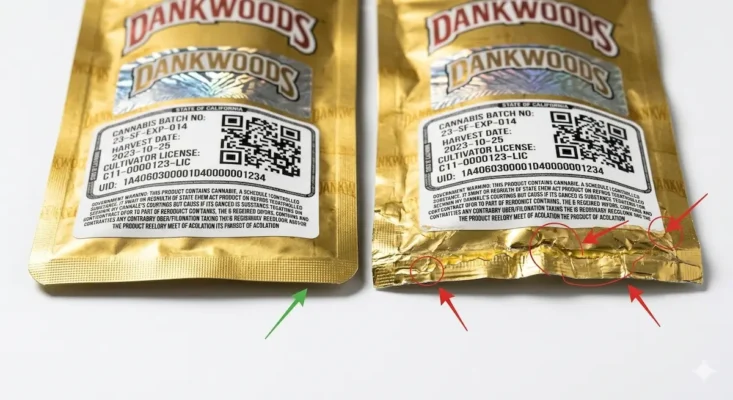 Bottom edges of two Dankwoods packages – left has a smooth factory seal, right shows glue residue and wrinkled foil from re-sealing.