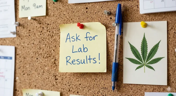 Handwritten sticky note on a corkboard that says ask for lab results next to a pen and a printed cannabis leaf