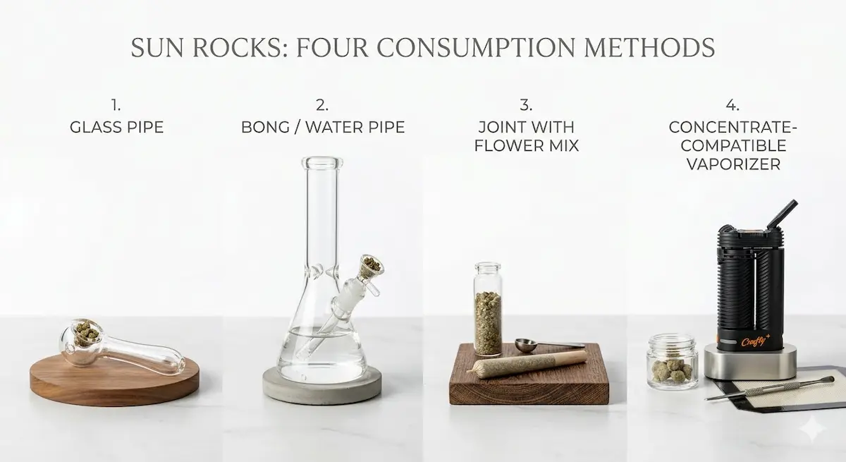 Sun rocks handling tools including scissors and glass pieces for smoking