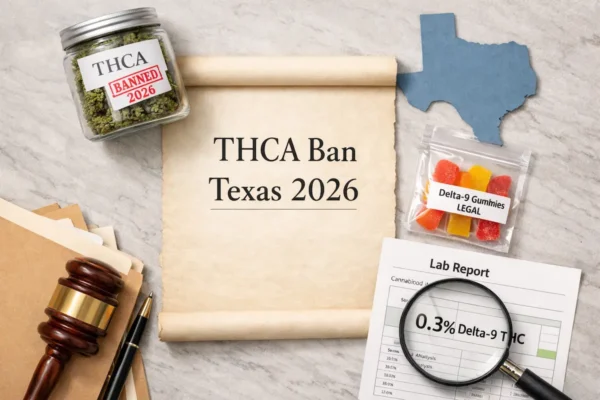 THCA Ban Texas 2026 explained with Texas flag background and legal hemp products including Delta 9 gummies