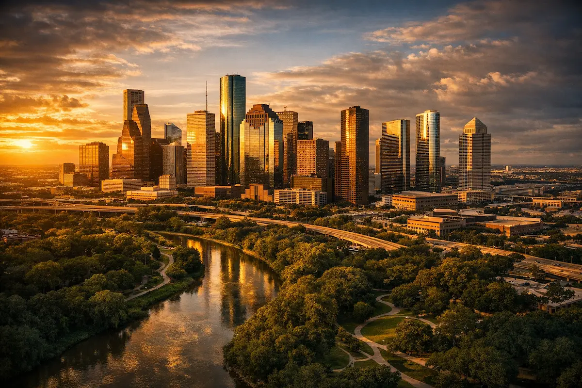 THCA delivery Houston Texas — aerial view of Houston skyline at golden hour with Buffalo Bayou