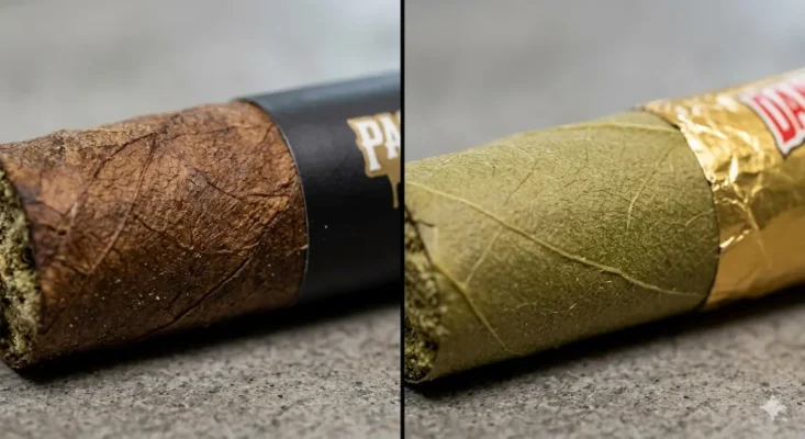 Macro split-screen close-up comparing a tobacco leaf wrap (Packwoods) on the left and a hemp leaf wrap (Dankwoods) on the right.