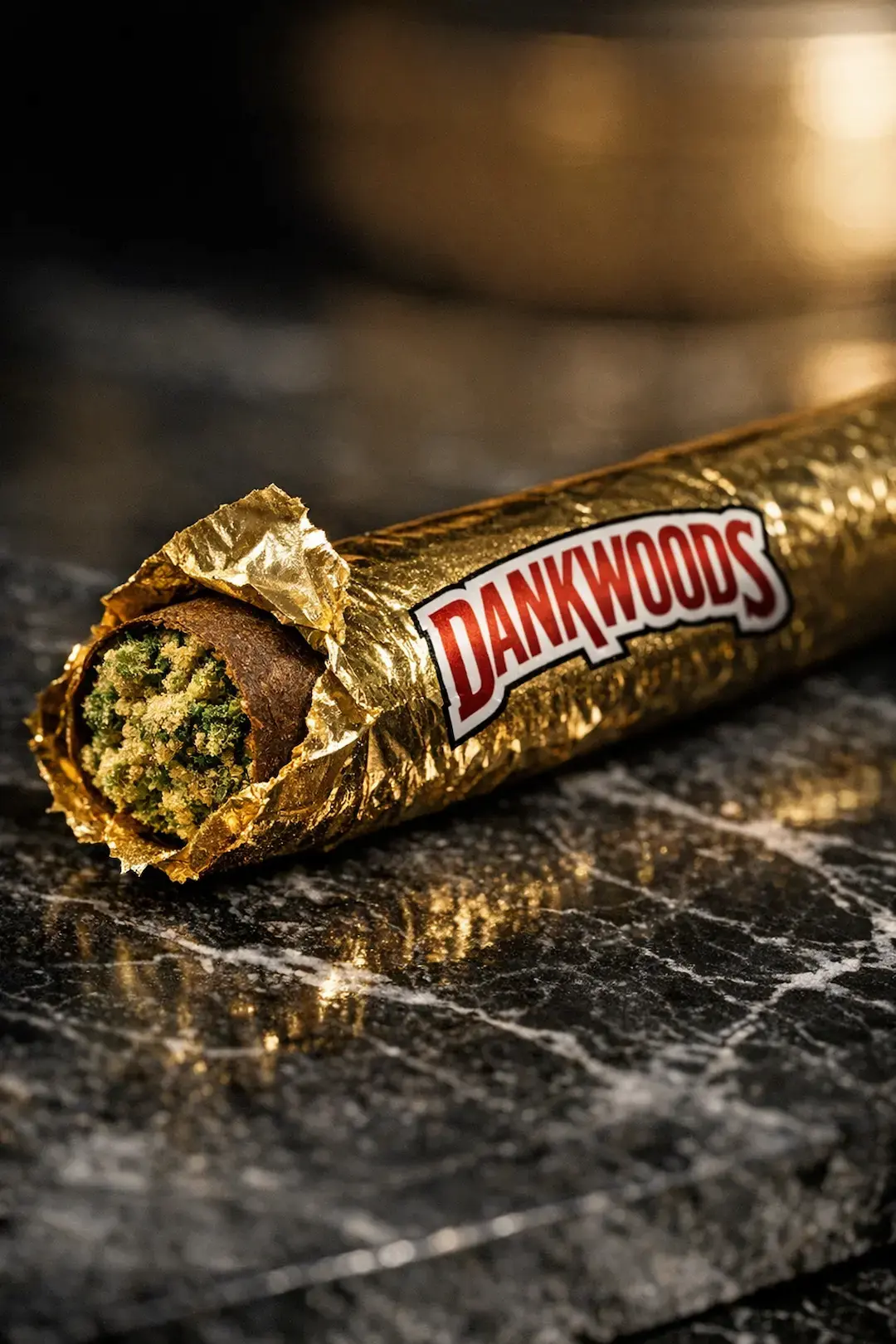 Close-up of a Dankwoods gold-foil wrapped infused pre-roll on dark marble, foil partially peeled showing hemp wrap, dense green flower, and kief coating.