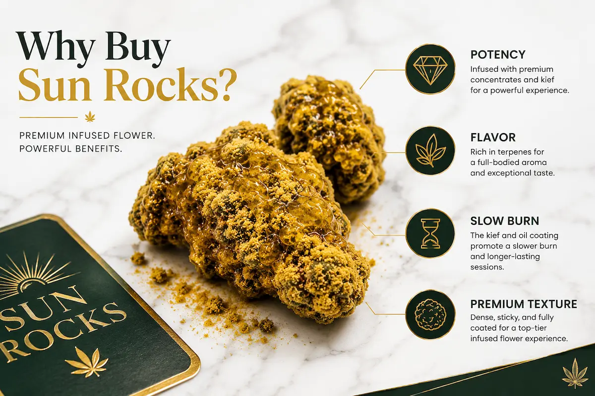 Why buy sun rocks - premium infused flower showing layered concentrate and kief construction