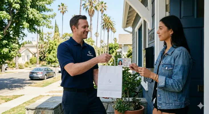 Moonrock Online Shop delivery driver handing discreet package to customer in West Hollywood, verifying 21+ ID for legal cannabis delivery
