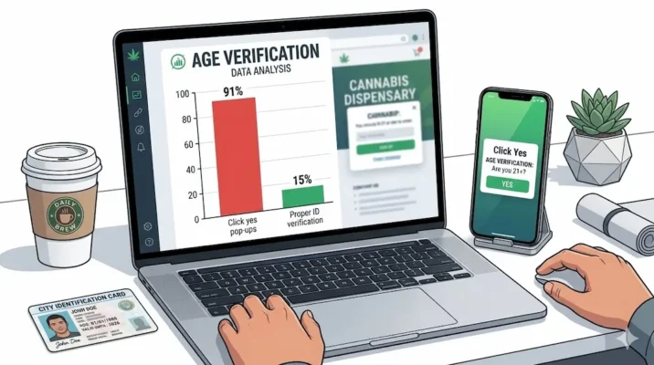 Age verification statistics for online cannabis orders showing 91 percent of sites use weak click yes pop-ups