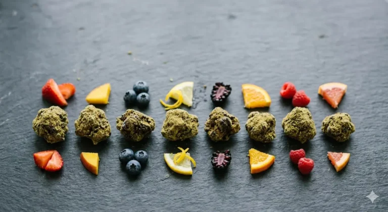 Best Moonrock flavors shown as coated cannabis nuggets arranged by flavor variety