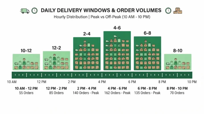 diagram showing how cannabis delivery time slot capacity changes by time of day across peak and off-peak hours