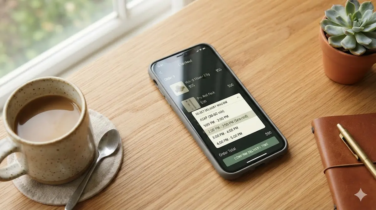 cannabis delivery windows displayed on a smartphone checkout screen showing a 2-hour time slot selector