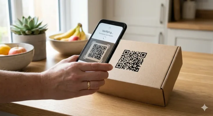 Smartphone scanning a QR code on a cannabis package for cannabis brand verification