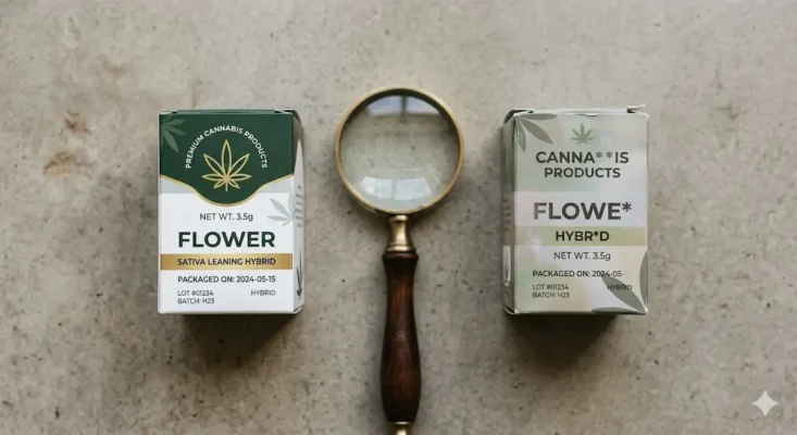 Counterfeit cannabis products 2026 comparison showing a real package beside a fake one with a magnifying glass