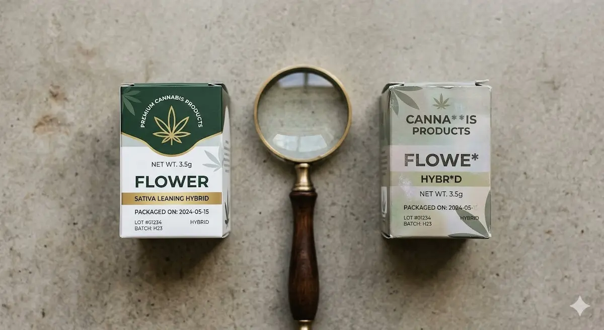 Counterfeit cannabis products 2026 comparison showing a real package beside a fake one with a magnifying glass