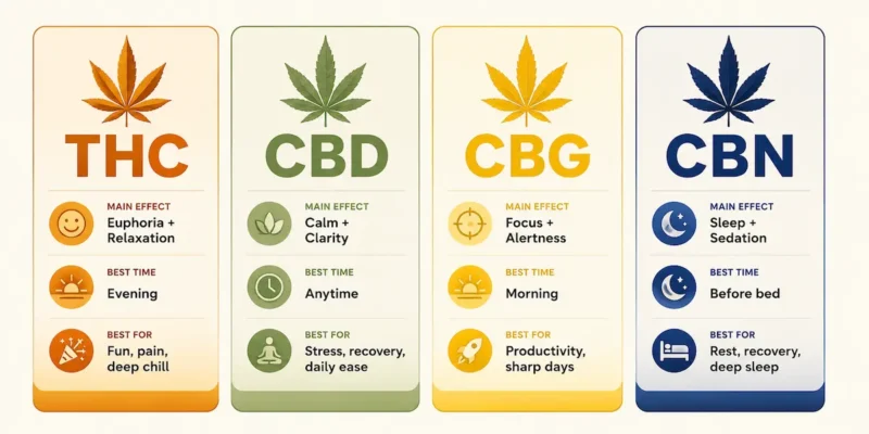 The difference between THC CBD CBG CBN compared side by side with main effects and best uses