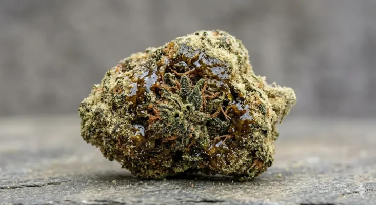 Close-up of a Moonrock product showing the flower, concentrate, and kief layers