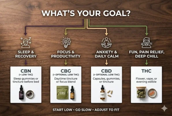 Decision framework showing how to choose cannabinoid products by matching goal to cannabinoid