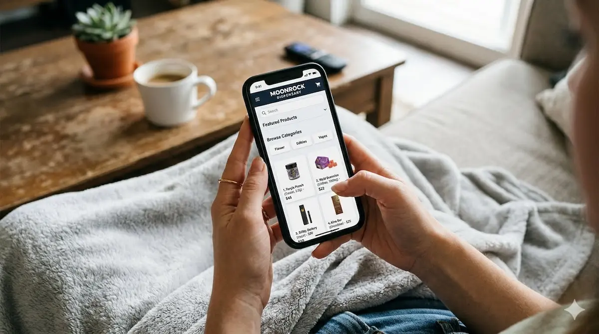 How to order weed online from Moonrock shown through smartphone menu browsing at home