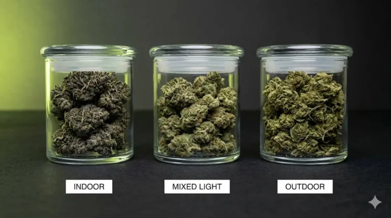 indoor cannabis flower vs mixed light vs outdoor — three jars showing differences in density, color, and trichome coverage