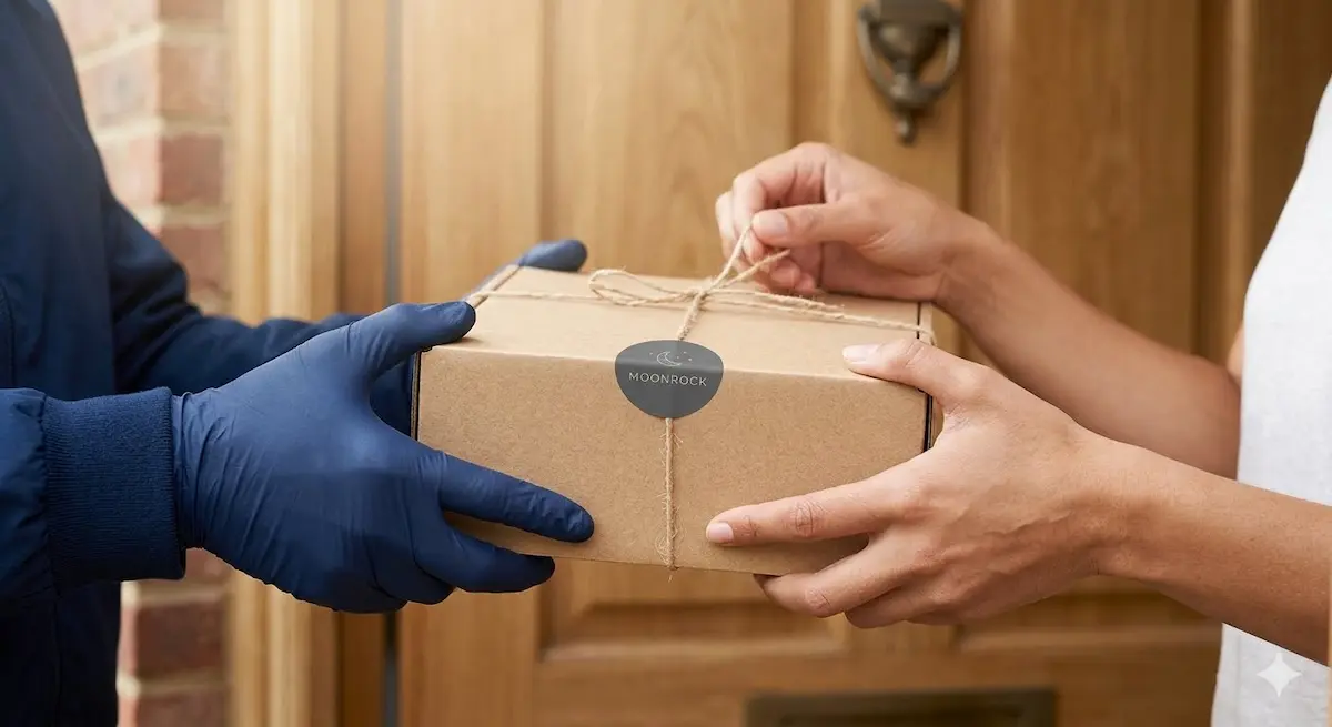 Moonrock customer rights protection shown through discreet unmarked cannabis delivery at the door