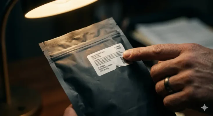 Hand holding fake cannabis packaging up to the light to check the blurry printed label edge