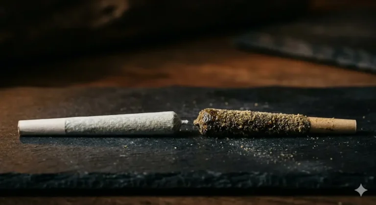 Why Moonrock prerolls hit harder shown by a coated preroll beside a regular preroll