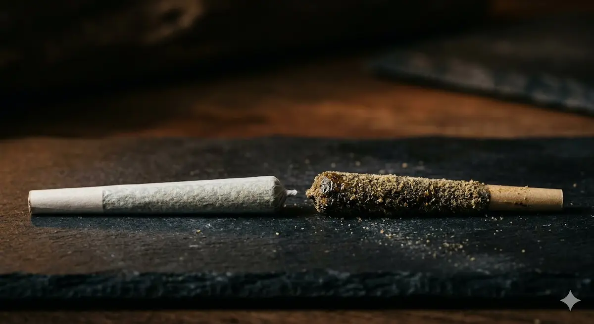 Why Moonrock prerolls hit harder shown by a coated preroll beside a regular preroll