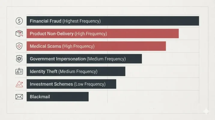 chart ranking the 7 real risks of buying cannabis on social media by frequency, from financial fraud to blackmail