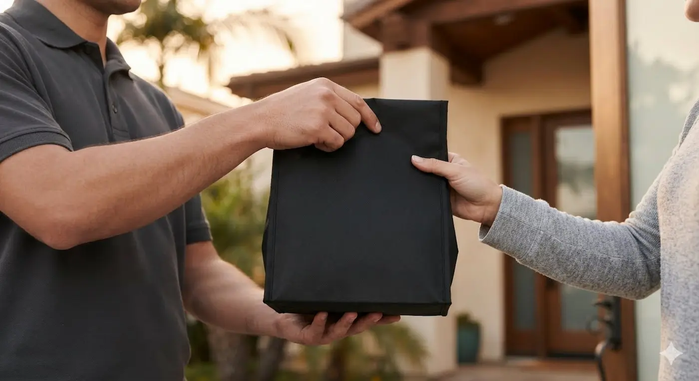 cannabis delivery Huntington Beach — driver handing discreet order to customer at the door