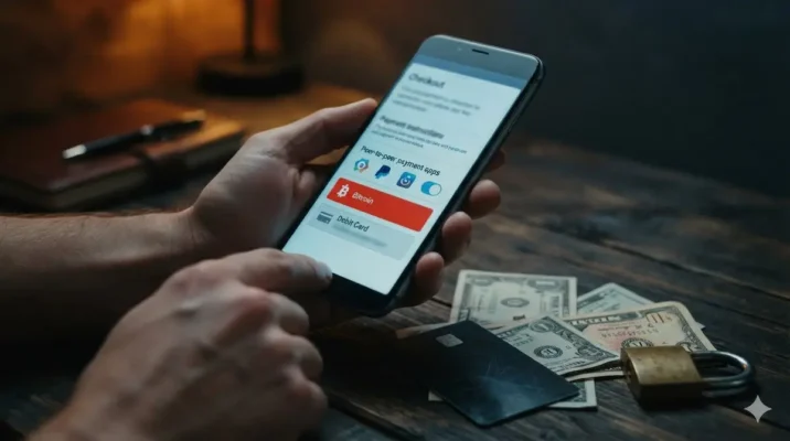 checkout screen showing crypto-only payment options — the cannabis website scam signature that exposes a fake online dispensary