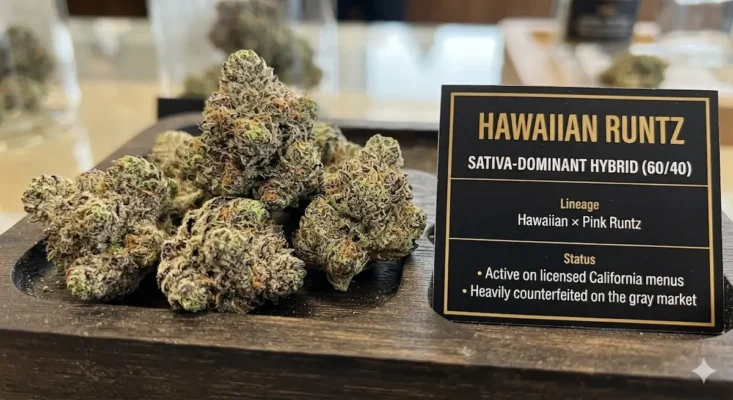 Hawaiian Runtz strain flower close-up showing violet undertones, orange pistils, and heavy trichome frost on a lab-tested batch