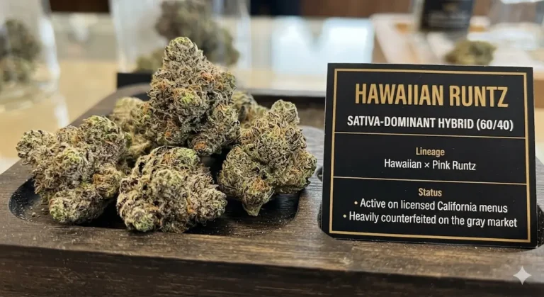 Hawaiian Runtz strain flower close-up showing violet undertones, orange pistils, and heavy trichome frost on a lab-tested batch