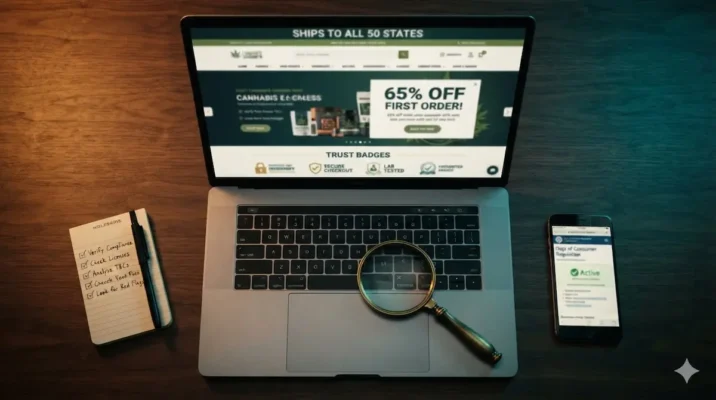 magnifying glass examining a non-licensed cannabis website on a laptop next to a phone showing how to verify a dispensary website license
