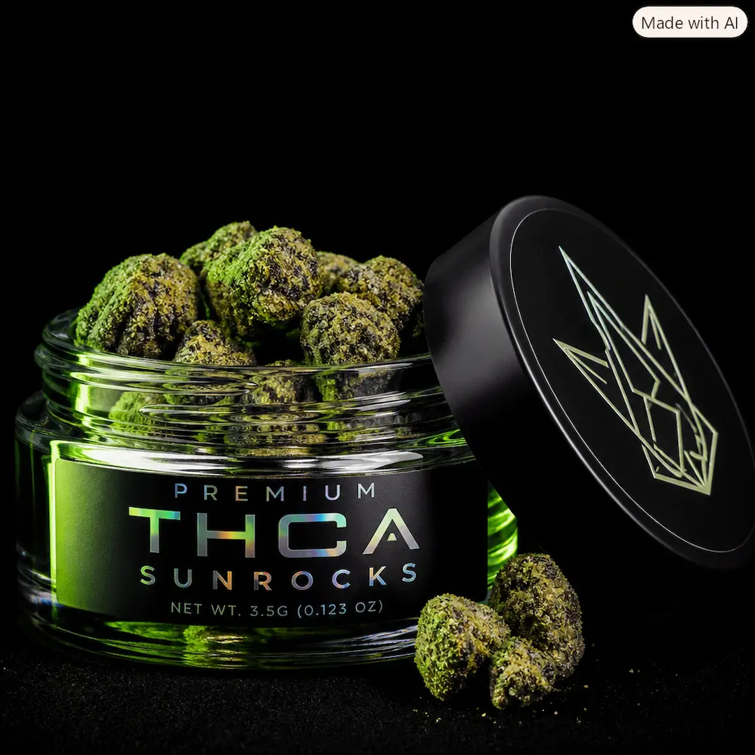 Premium THCA sunrocks in glass container with crystal coating under studio lighting